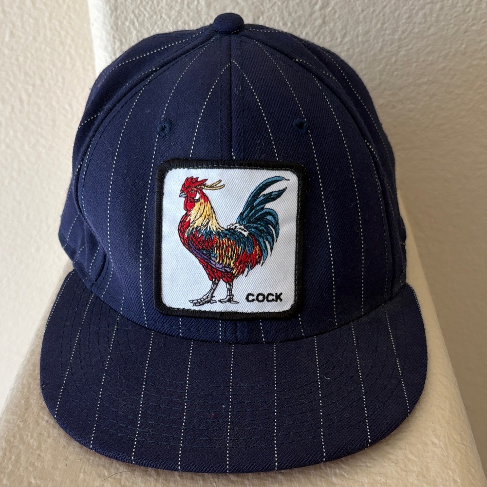 Goorin Bros Navy Pinstripe Cap with Colorful Rooster Patch